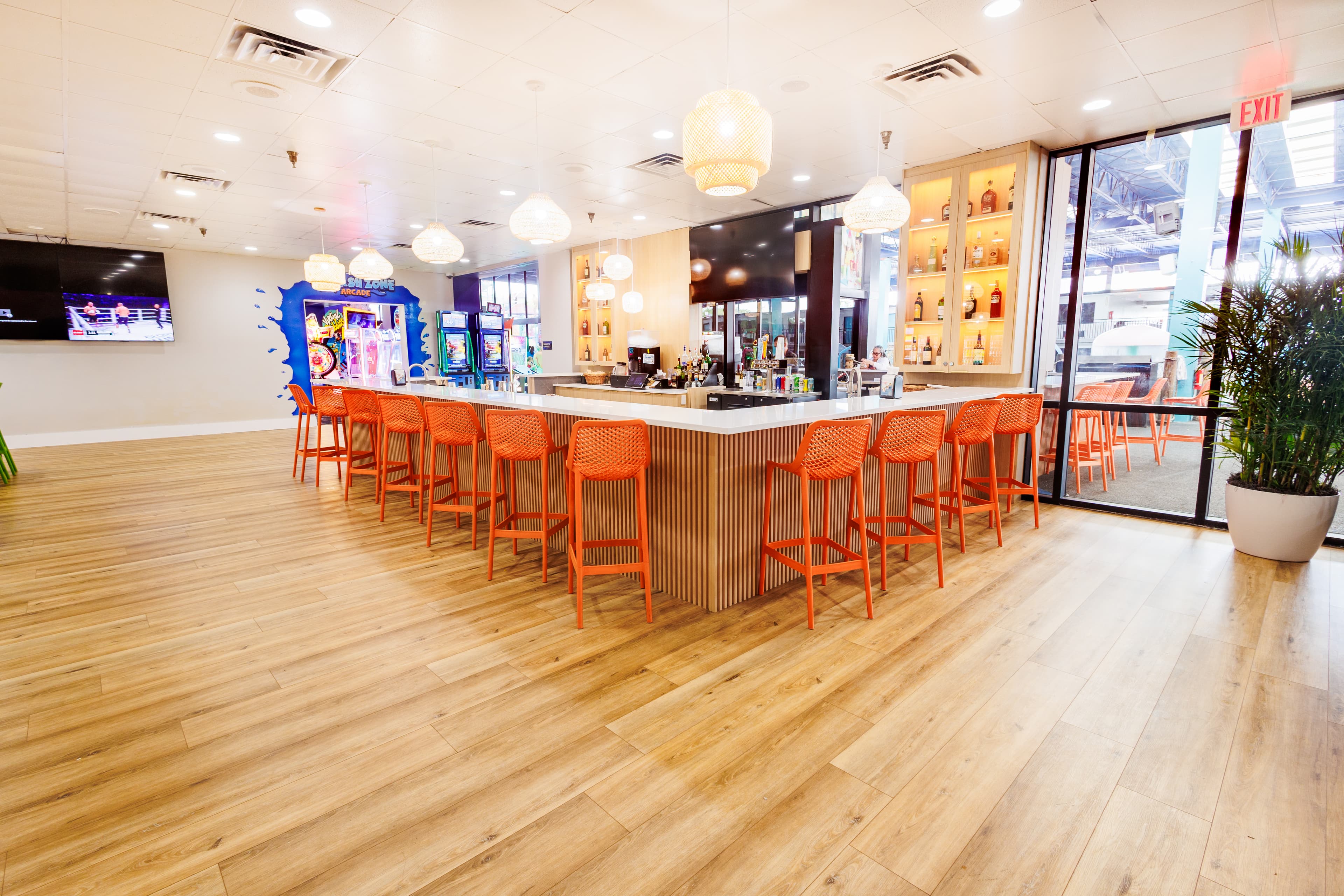 Modern Bar with Custom Orange Seating