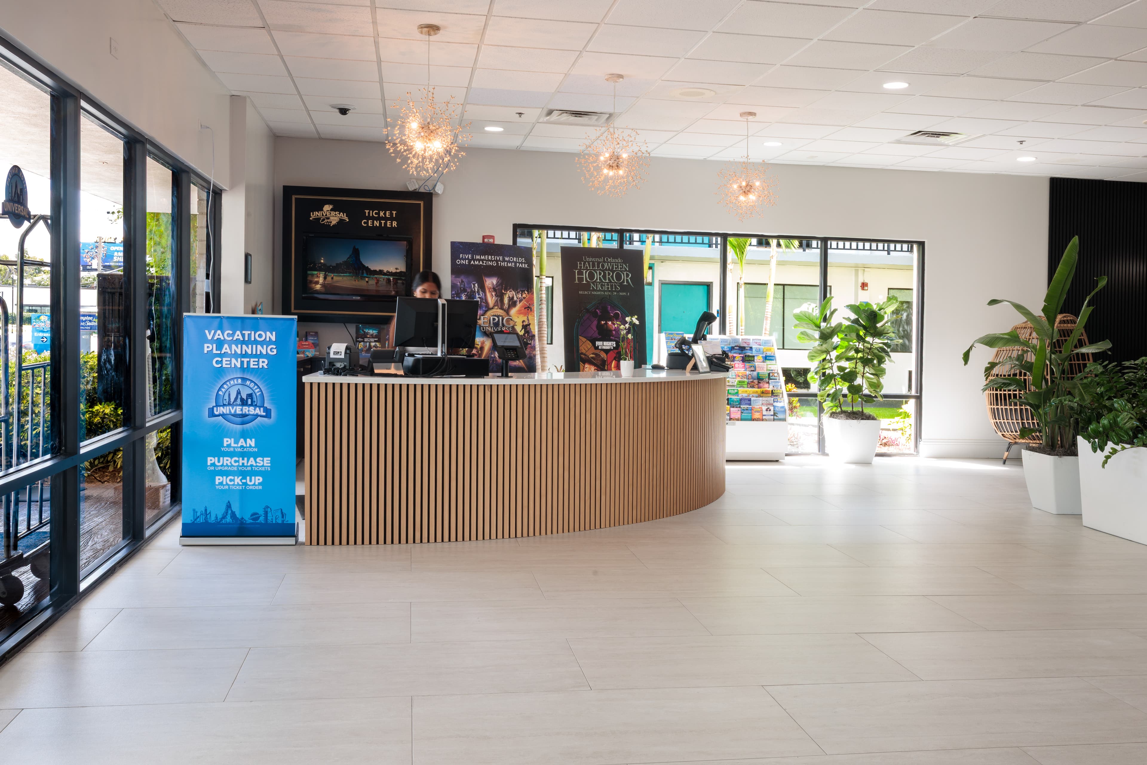 Modern reception center with curved millwork