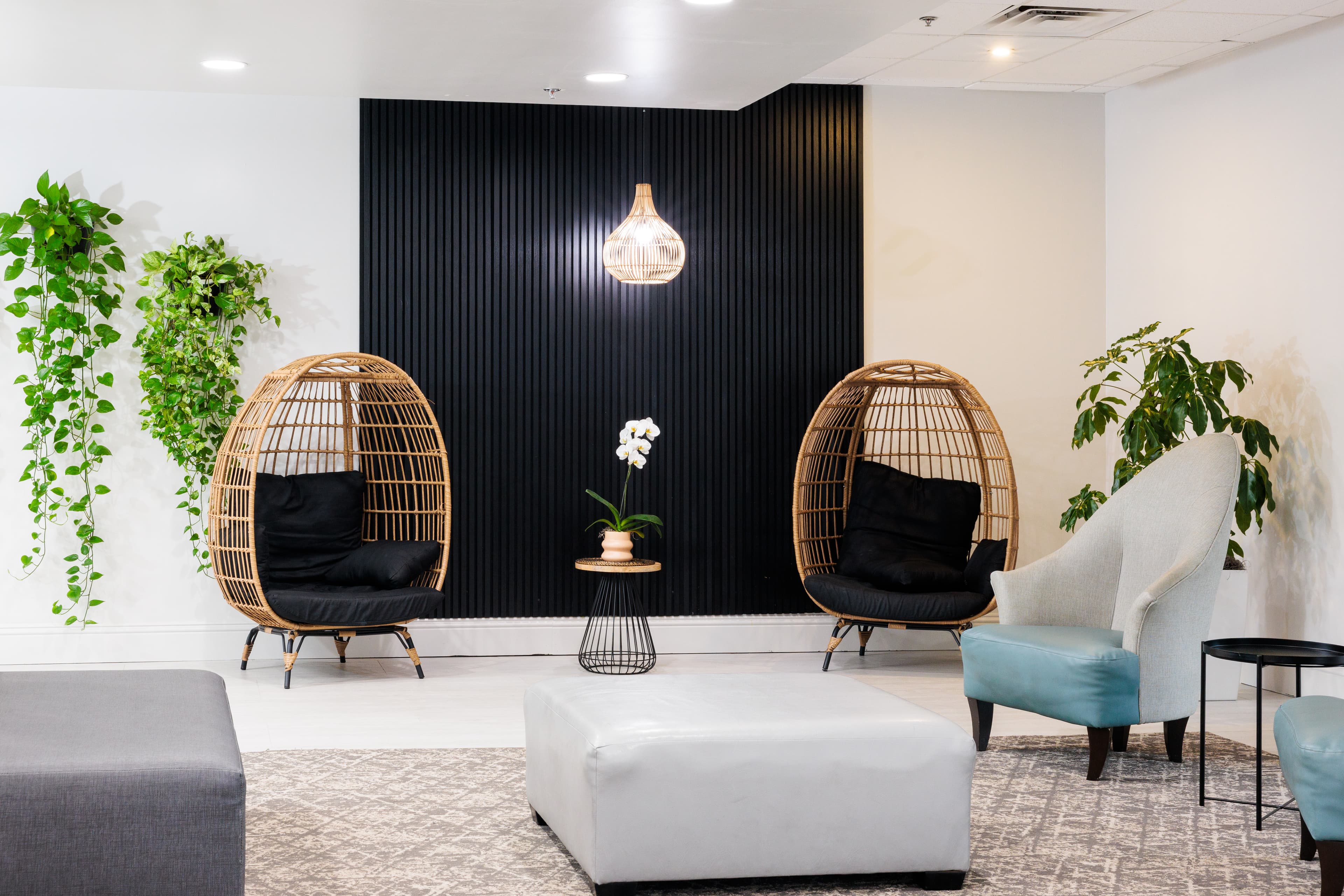 Modern lounge with woven seating features