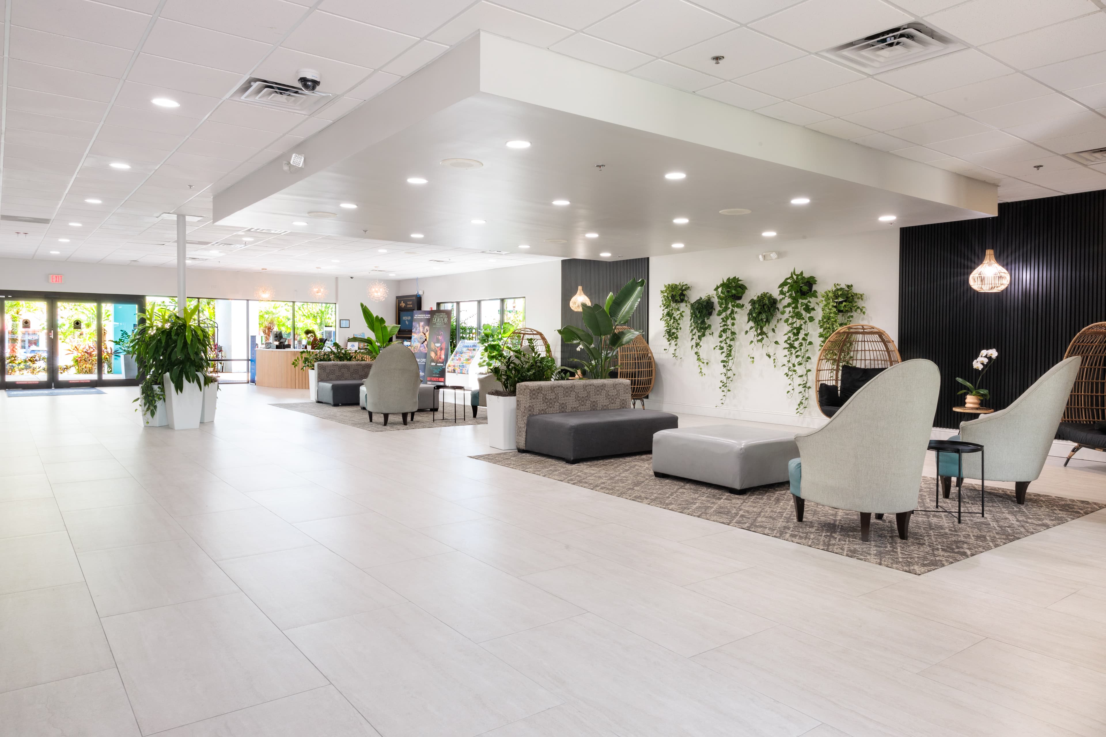 Modern lobby with living plant installations