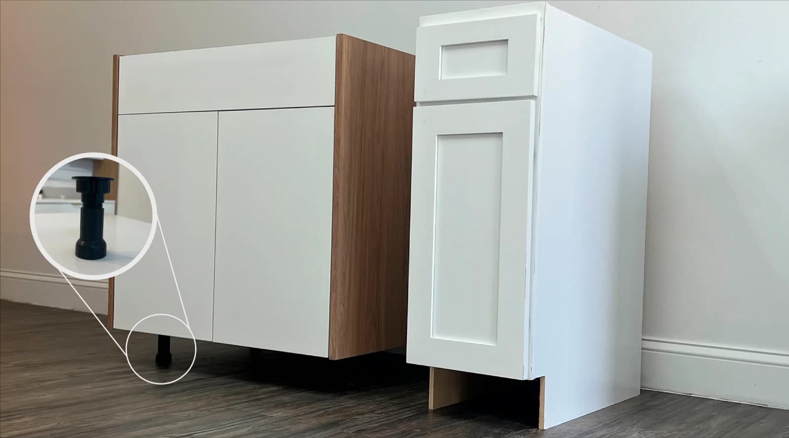 Hauzzi PVC levelers — water damage protection at the cabinet base